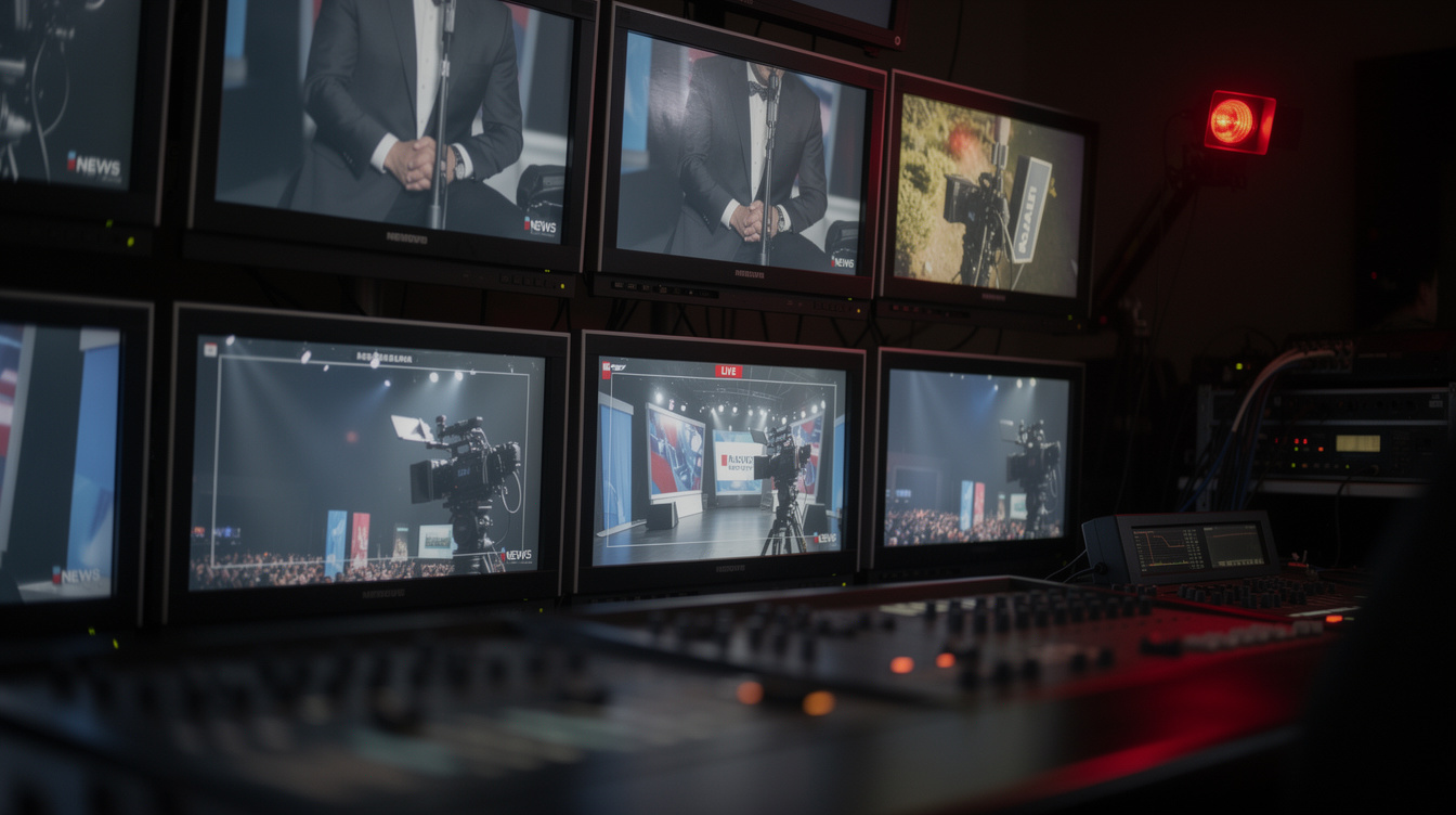 Studio monitor wall showing tense live broadcast footage