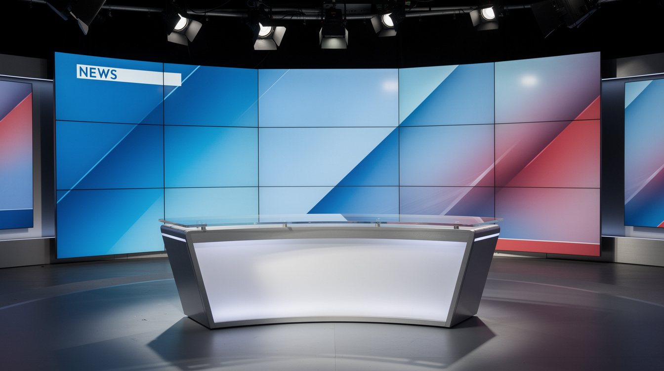 Empty news anchor desk on a television studio set