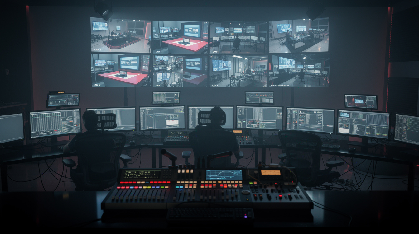 Television studio control room with monitors during a live broadcast